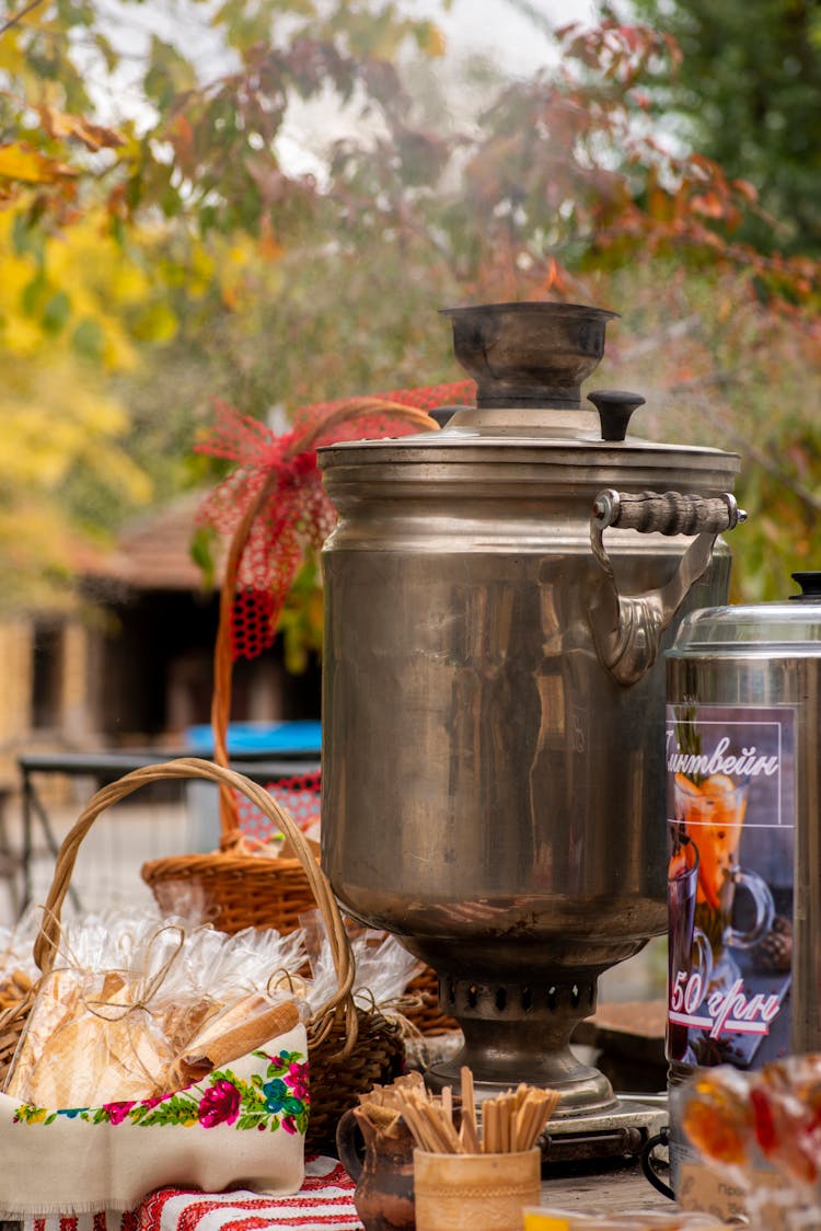 Vintage Steel Samovar On Picnic Table