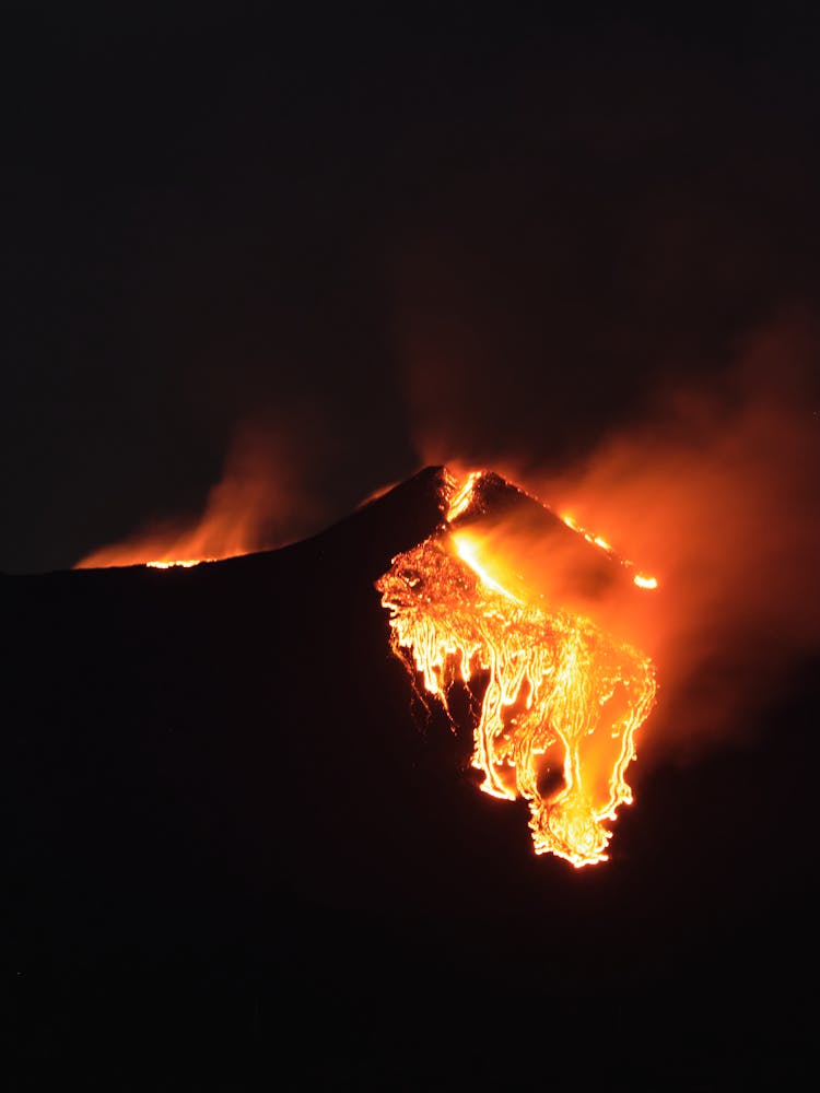 Erupting Volcano At Night 