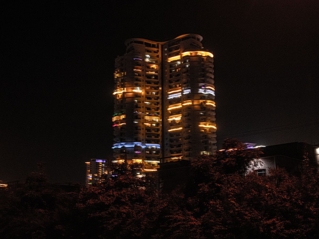Golf Course Road high-rise hotels at dusk