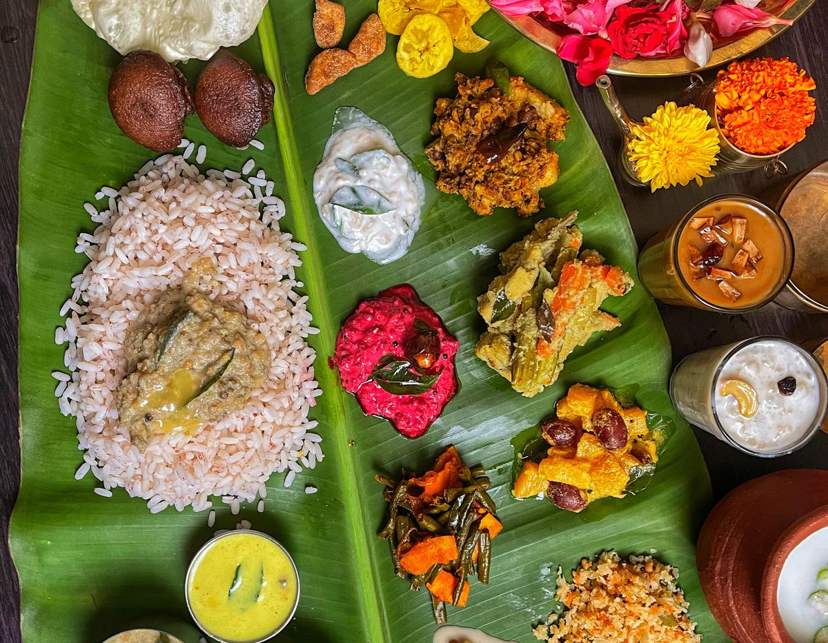 Elaborate South Indian meal arranged on a banana leaf