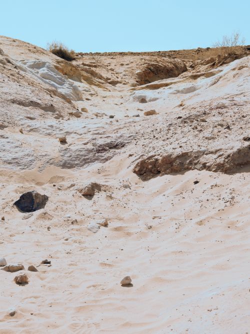 Free A vertical shot of a barren desert landscape, showcasing sand dunes and rocky terrain under clear blue skies. Stock Photo