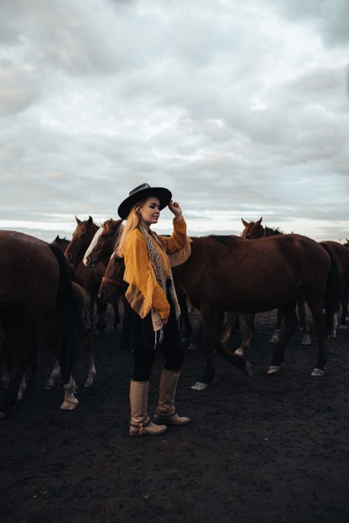 Free A woman wearing a cowboy hat stands among a herd of brown horses under a cloudy sky. Stock Photo