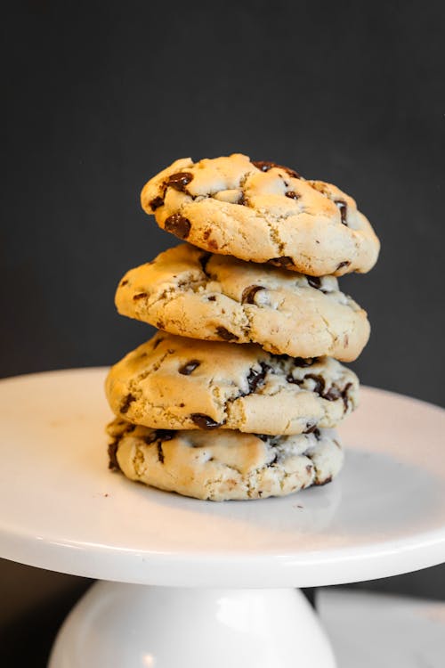 Stacked Chocolate Chip Cookies on Cake Stand