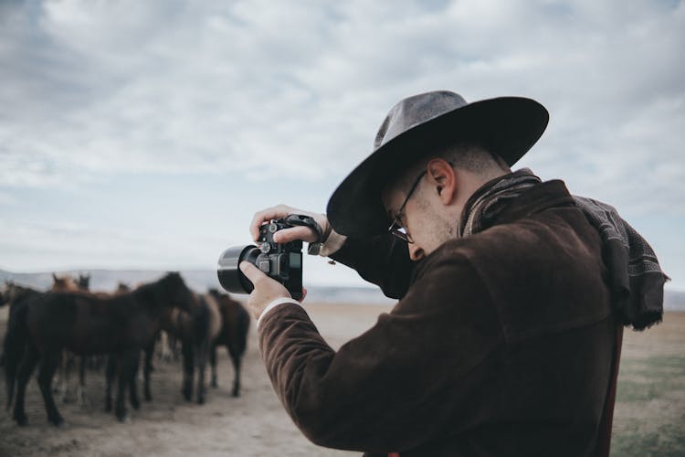 Man Photographing Herd Of Horses