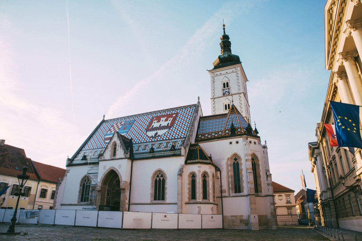 St Mark's Church in Zagreb's Upper Town, its tiled roof showing the coats of arms of Croatia and the city