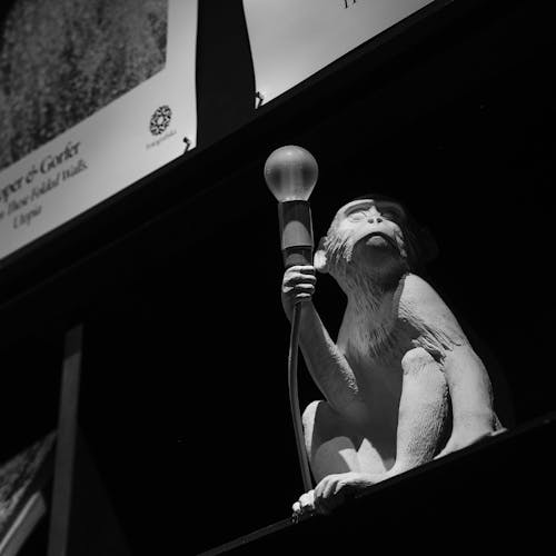 Grayscale Photo of a Statue Holding a Lightbulb