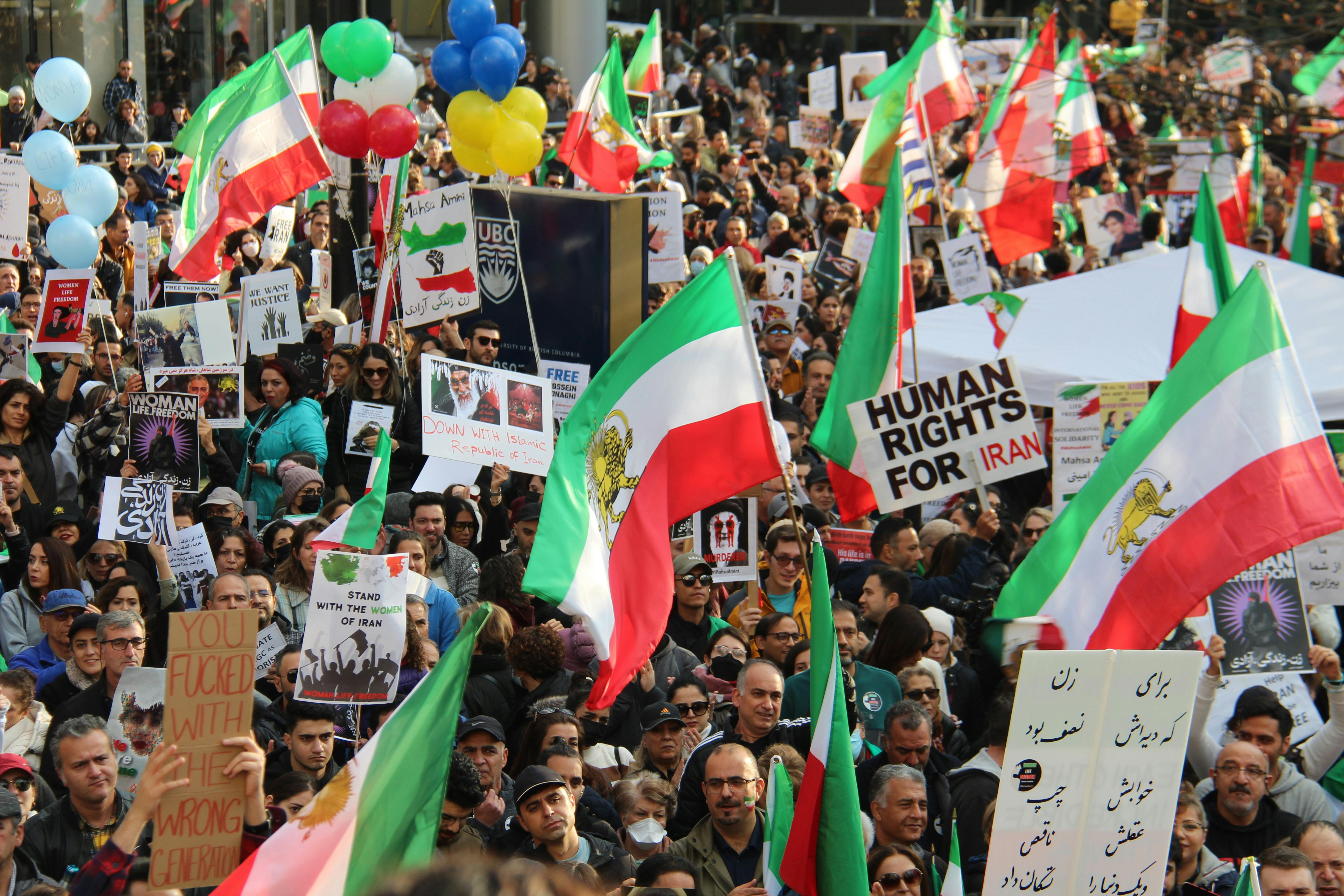 crowd of people protesting on street holding flags and posters