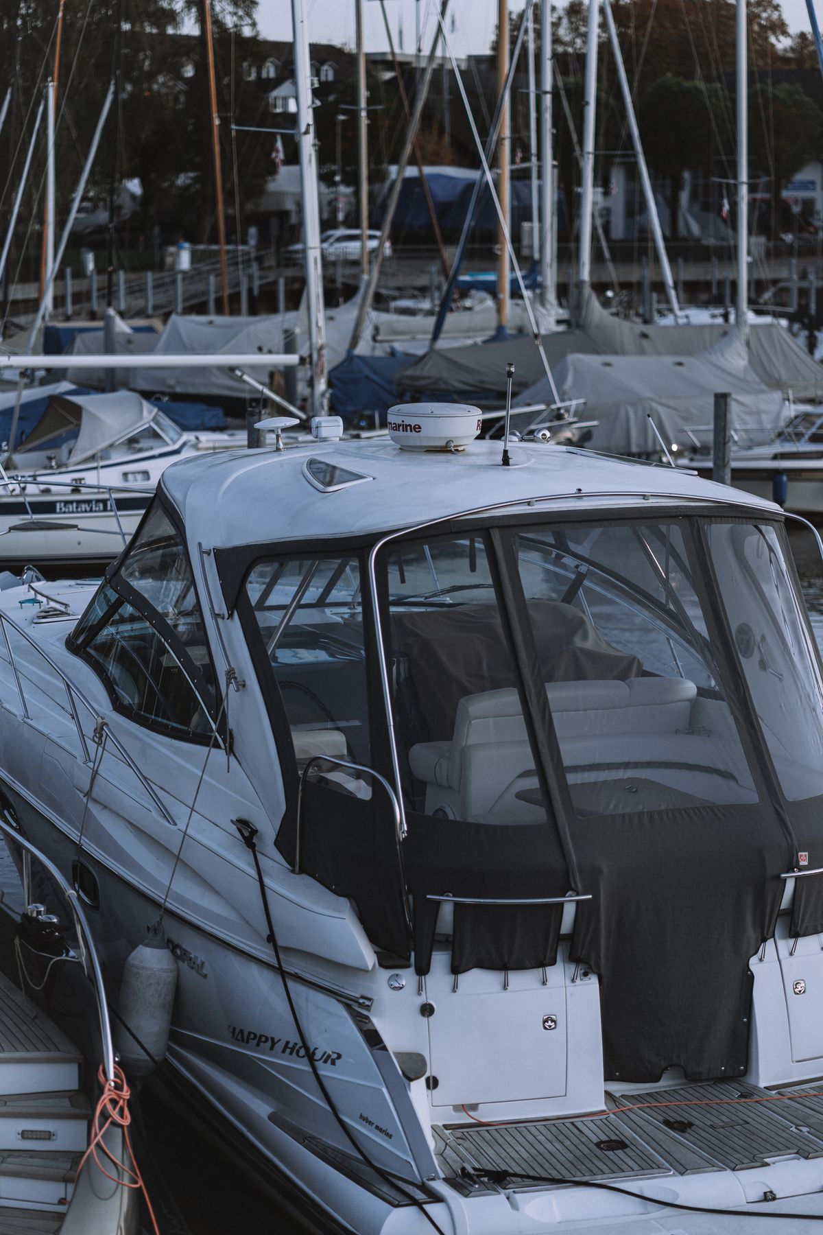 A yacht moored in a marina