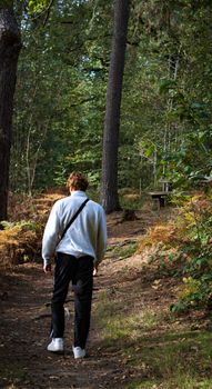 A man walks along a forest path during autumn, showcasing nature and solitude.