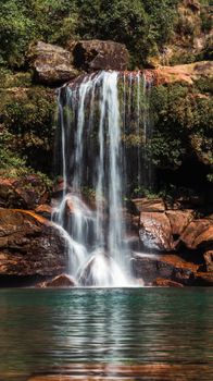 Scenic waterfall cascading in lush setting in Cherrapunji, Meghalaya, India.