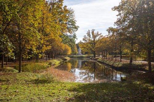 Free Peaceful autumn scene featuring a tranquil pond surrounded by colorful trees in Tauride Garden, Saint Petersburg. Stock Photo
