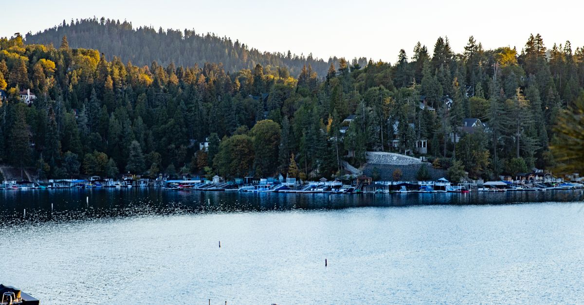 Peaceful Lake Arrowhead view with boats, surrounded by lush forest and hills.