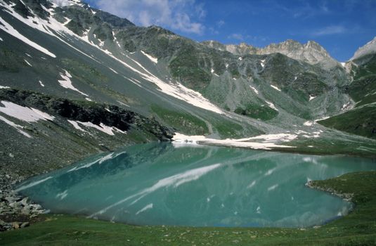Green and White Mountains Near Lake