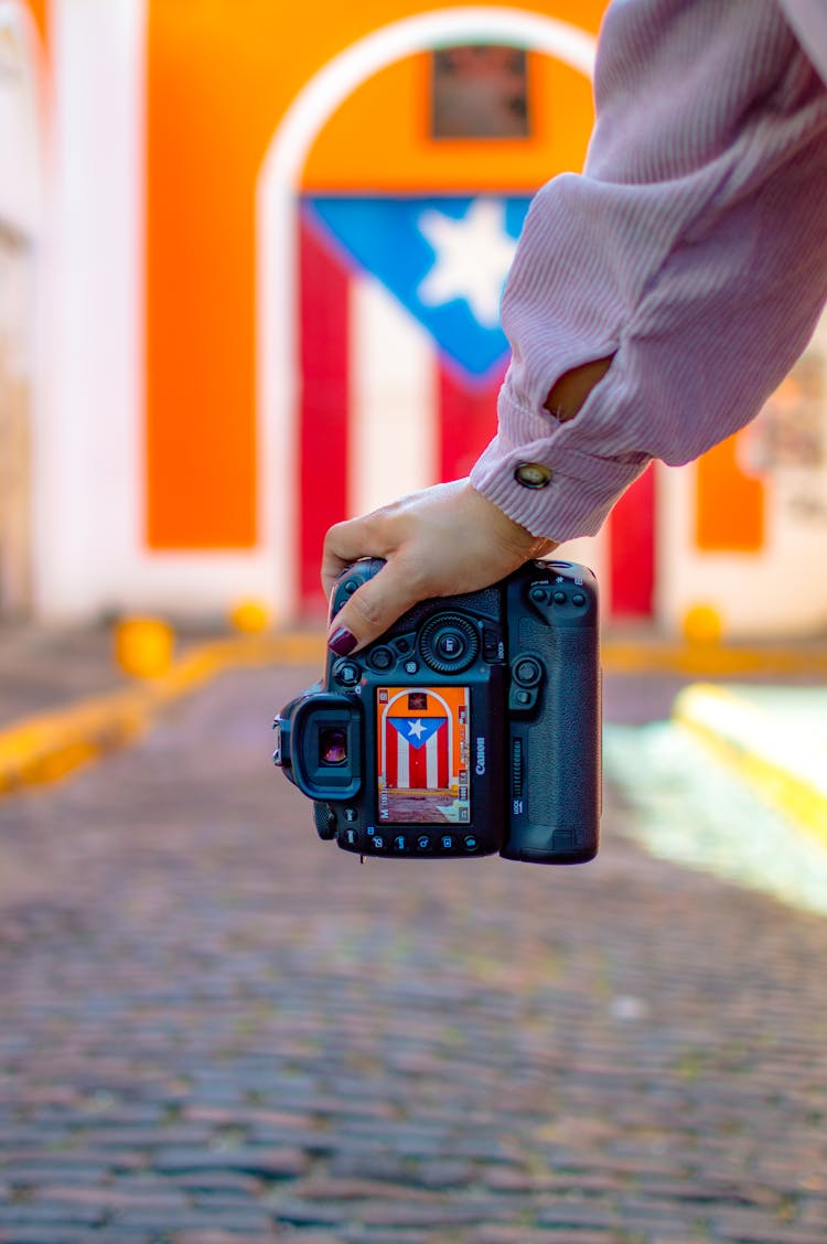 Woman Photographing A Flag On The Door 