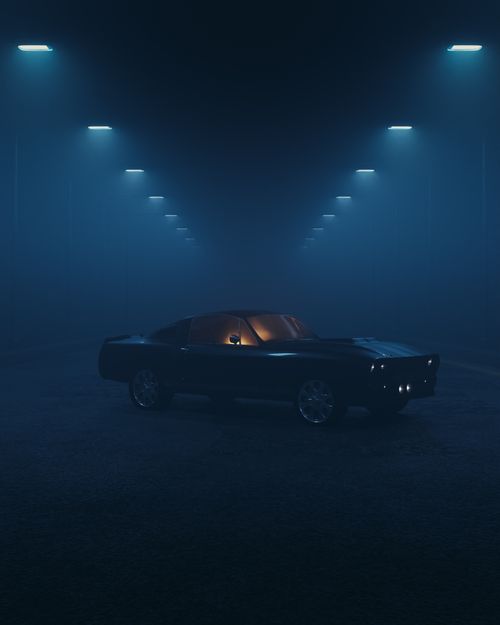 Free Eerie scene of a vintage black muscle car parked under streetlights in a foggy night setting. Stock Photo