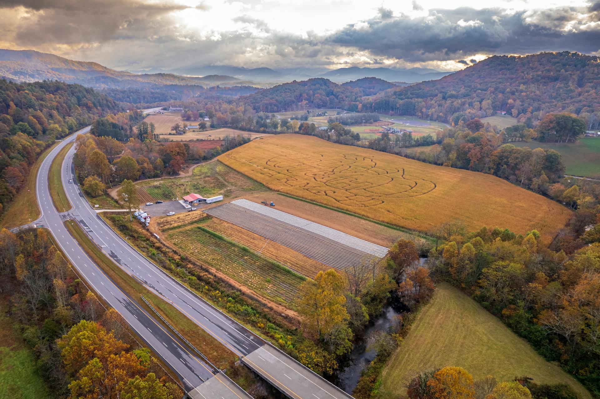 Stunning aerial shot of autumn fields and roads in Franklin, NC amid vibrant fall foliage.