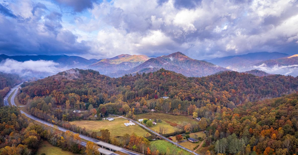 Stunning aerial view of autumn foliage in the mountains near Franklin, North Carolina.