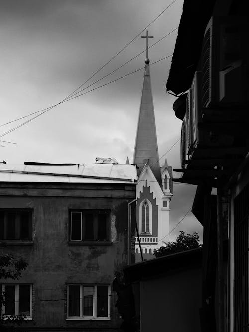 Grayscale Photo of a Church Building