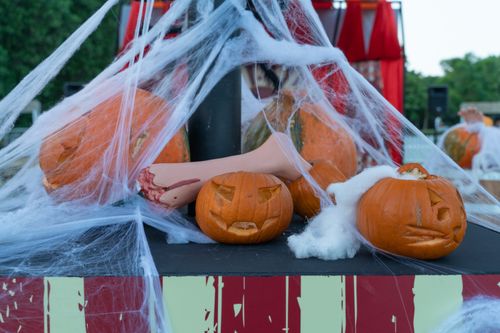 Free Spooky Halloween scene featuring carved pumpkins, faux cobwebs, and a decorative mannequin hand outdoors. Stock Photo