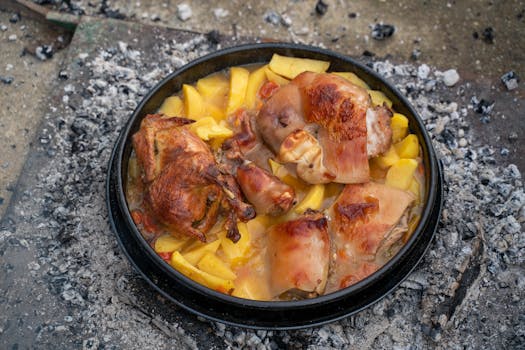 Delicious outdoor-roasted meat with potatoes, served rustic-style in open fire embers.