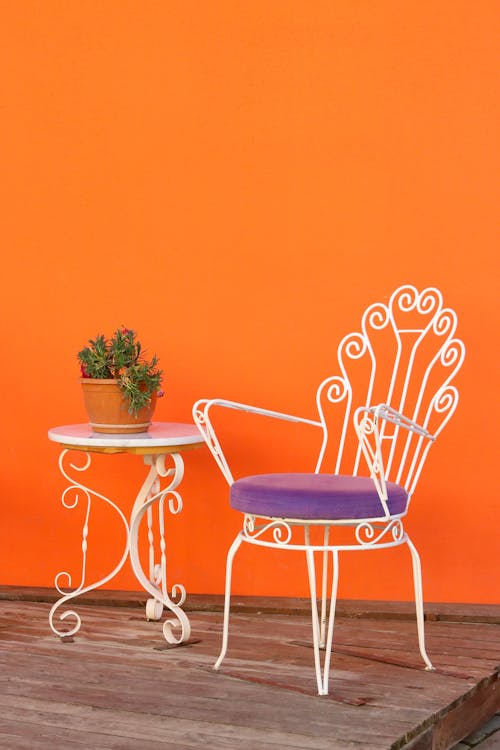 Foto d'estoc gratuïta de cadira, paret taronja, planta