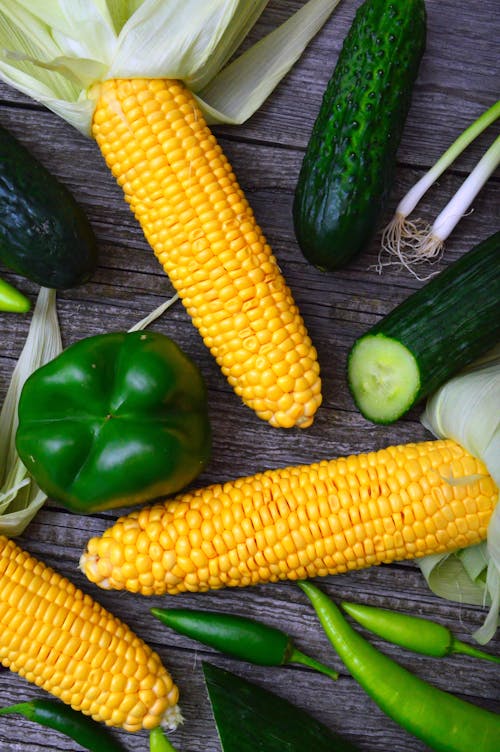 Three Yellow Corn Cobs, Bell Pepper, Cucumbers and Chili Peppers