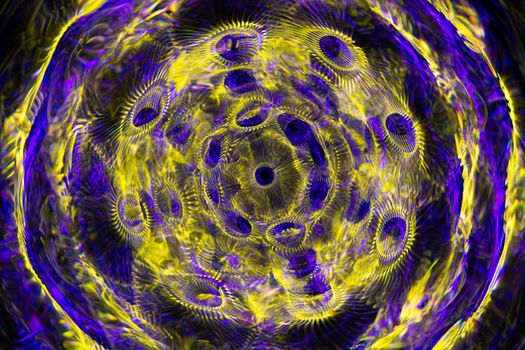 Dynamic abstract artwork featuring circular patterns with vibrant purple and yellow hues.