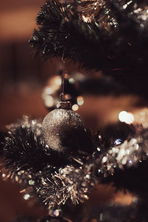 Free Festive close-up of a Christmas ornament hanging on a decorated tree branch, capturing warm holiday ambiance. Stock Photo