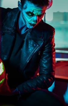 Man in skeleton makeup and leather jacket under neon lights, evoking a Halloween vibe.