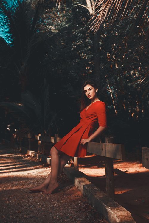 Free Woman in a red dress leaning on a wooden railing in a serene forest setting during the day. Stock Photo