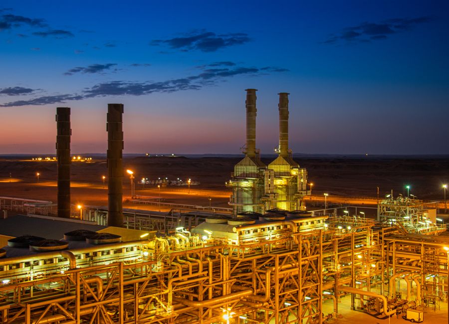 Industrial development facility at sunset