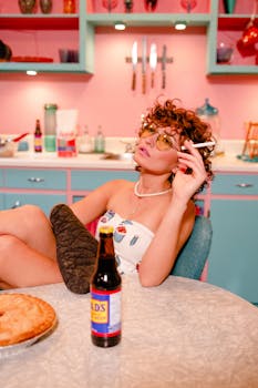 Stylish 1950s woman smoking in a colorful retro kitchen, embodying vintage vibes.