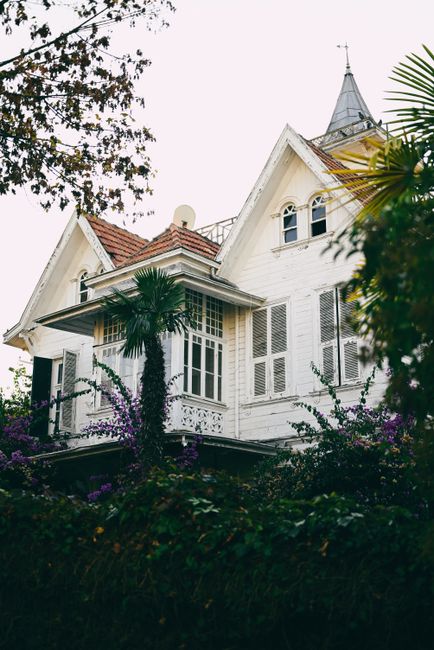 A beautiful white mansion surrounded by lush greenery and trees.