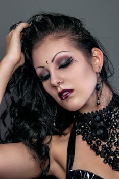 Close-up portrait of a woman in gothic fashion wearing dark makeup and accessories.