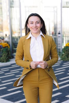 Confident woman in a yellow business suit standing outdoors, showcasing professional style.