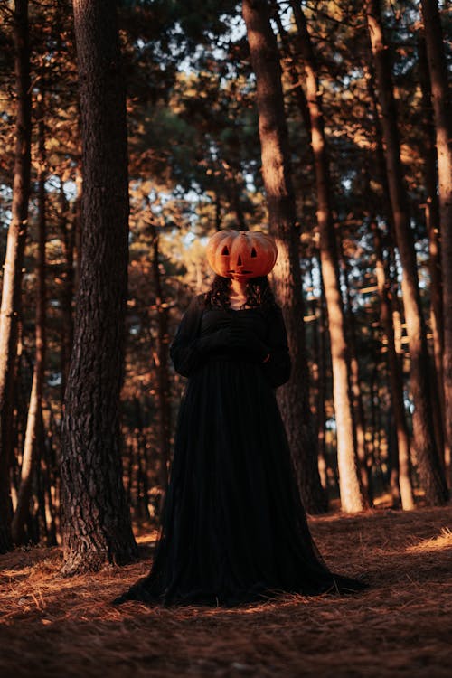 A Woman in Black Dress Wearing Jack O Lantern