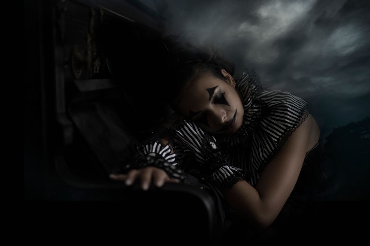 moody portrait of a gothic clown in a dramatic eerie setting