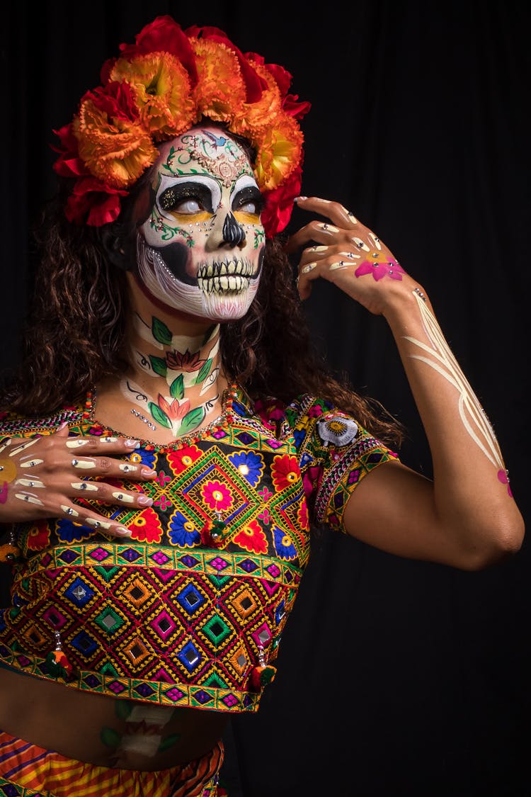 Woman In Colourful Costume And Makeup Of Dead Catrina