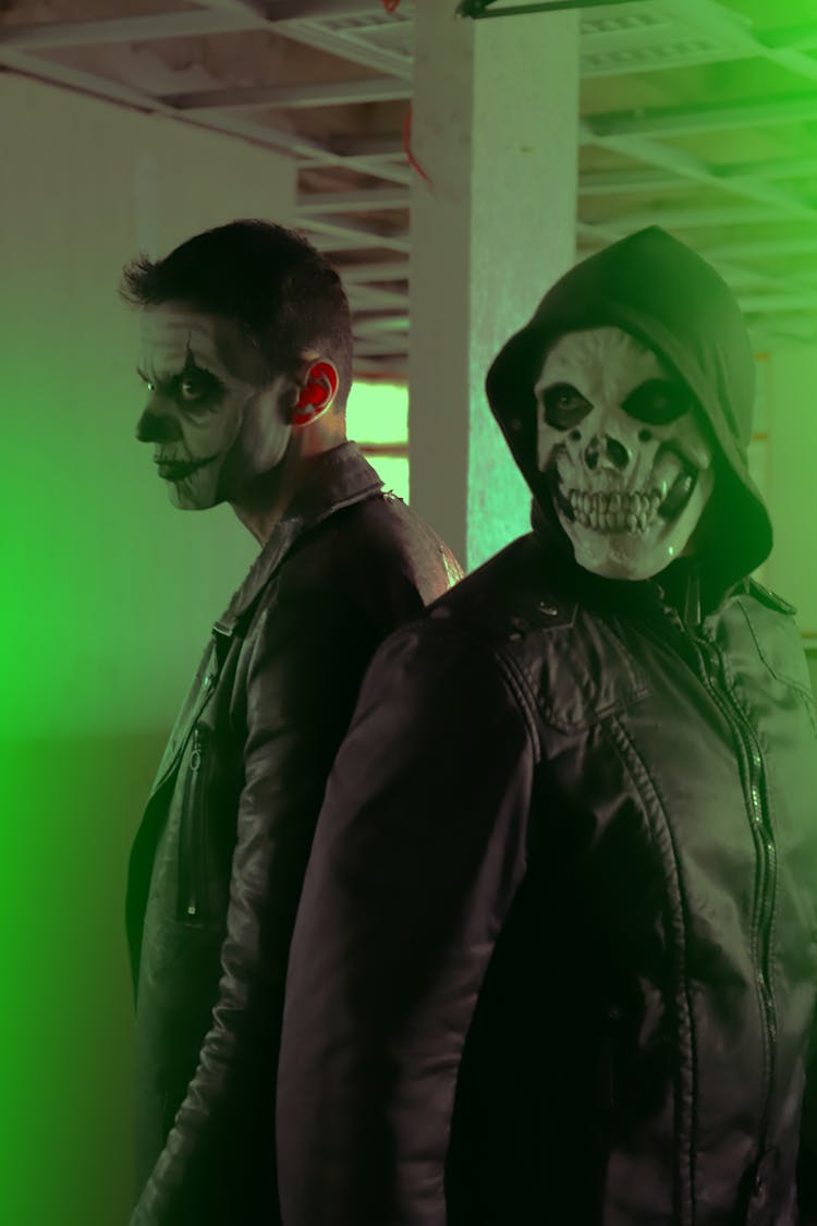 Men In Black Leather Jackets With Scary Skull Masks