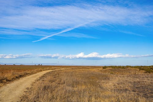 Бесплатное стоковое фото с белые облака, голубое небо, дорожка