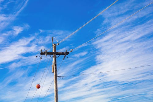 An Electric Post with Lines Under the Blue Sky and White Clouds