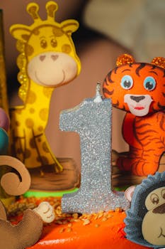 A vibrant first birthday cake adorned with animal figures and a glittery number one candle.