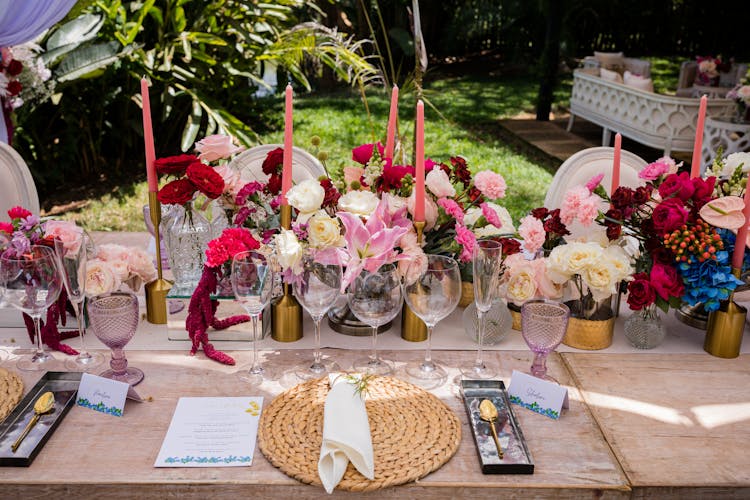 Glasses And Decorations On A Table On An Outdoor Event 