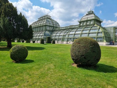 Stunning view of the Schonbrunn Palm House in Vienna's park with lush greenery and clear skies.