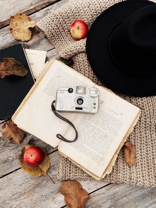 Foto profissional grátis de câmera analógica, de malha, flatlay