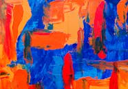 这幅抽象丙烯画色彩大胆，充满活力且富有表现力