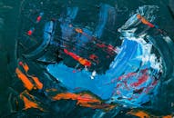 这幅抽象画大胆而富有动感，色彩鲜艳，笔触极具表现力