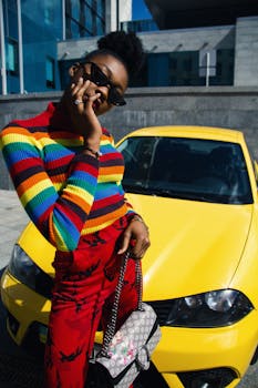 阳光明媚的日子里，一位时尚女子穿着充满活力的服装，开着一辆黄色汽车摆姿势