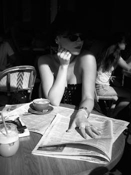 Elegant woman casually reading newspapers at a cafe, exuding classic fashion vibes.