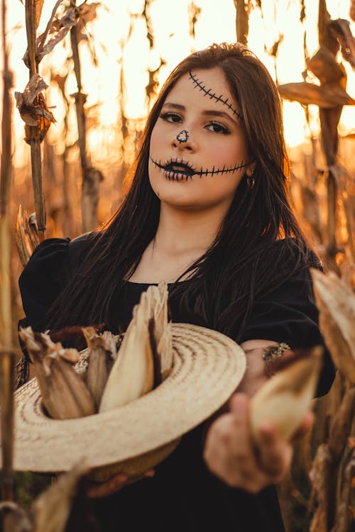 Photo of a Young Woman with Scarecrow Makeup